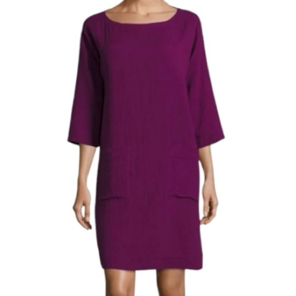 Eileen Fisher petite crinkle cotton gauze 3/4 sleeve shift dress
